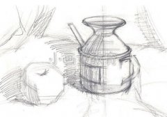 儿童水粉画《壶和苹果》